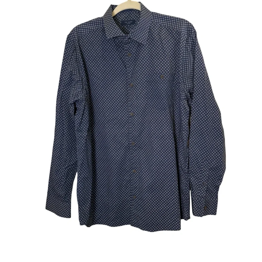 Ted Baker London Men’s Cotton Elastane Navy Geometric Button Down Shirt sz XL
